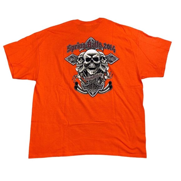 Spring Bike Rally 2014 T-Shirt 2XL N. Myrtle Beach SC Orange Skull Pipes NWOT - Picture 1 of 6